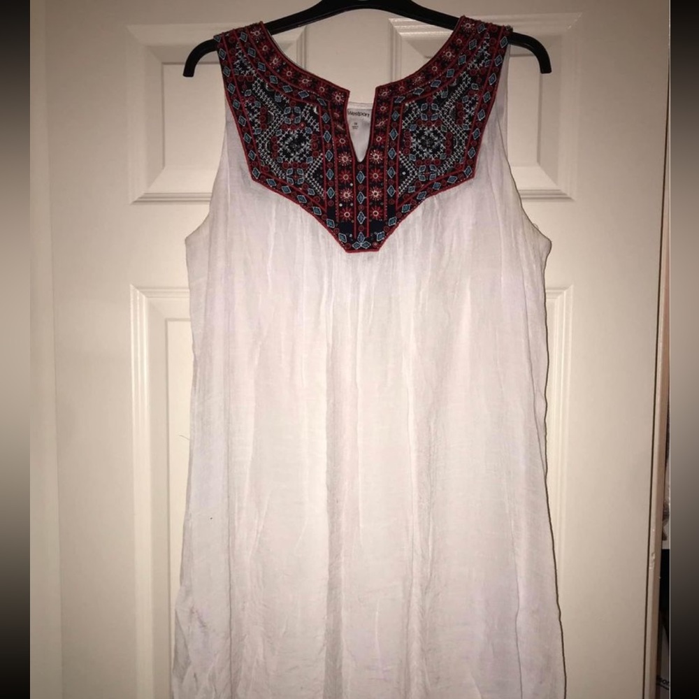 Sleeveless White Dress with Embroidered Bib